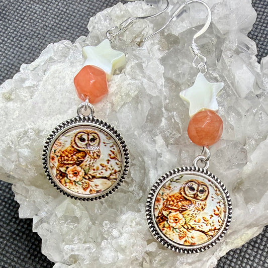 Owl Earrings w Mother of Pearl Stars Silvertone Ear Wires