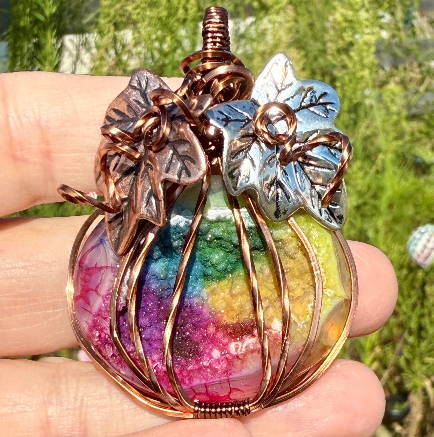 Rainbow Dyed Agate Pumpkin Wire Wrapped in Antique Copper Pendant Necklace Jewelry