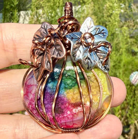 Rainbow Dyed Agate Pumpkin Wire Wrapped in Antique Copper Pendant Necklace Jewelry