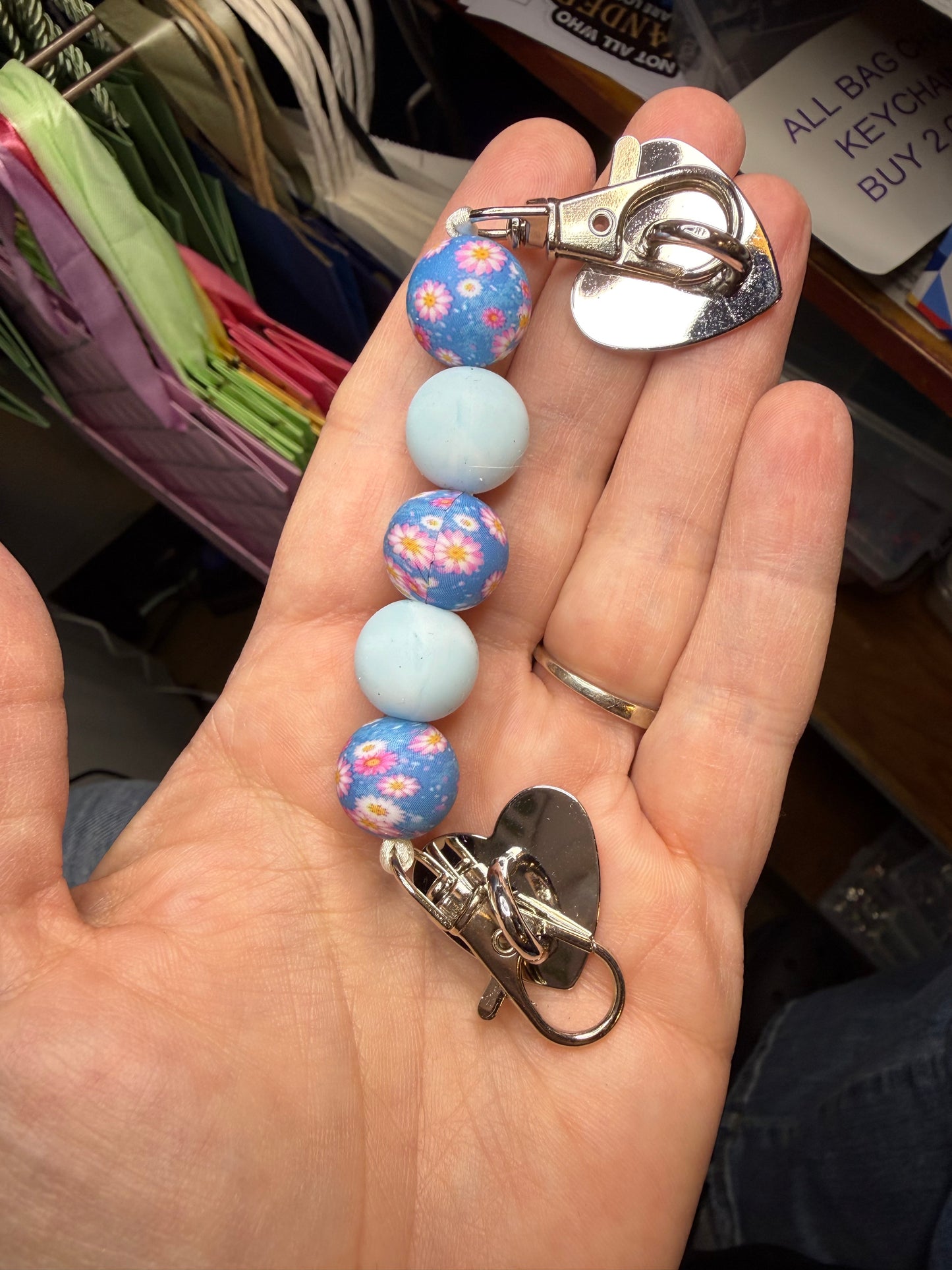 Cell Phone Grip Charm Blue w Pink Flowers Silicone Beads Heart Adhesive