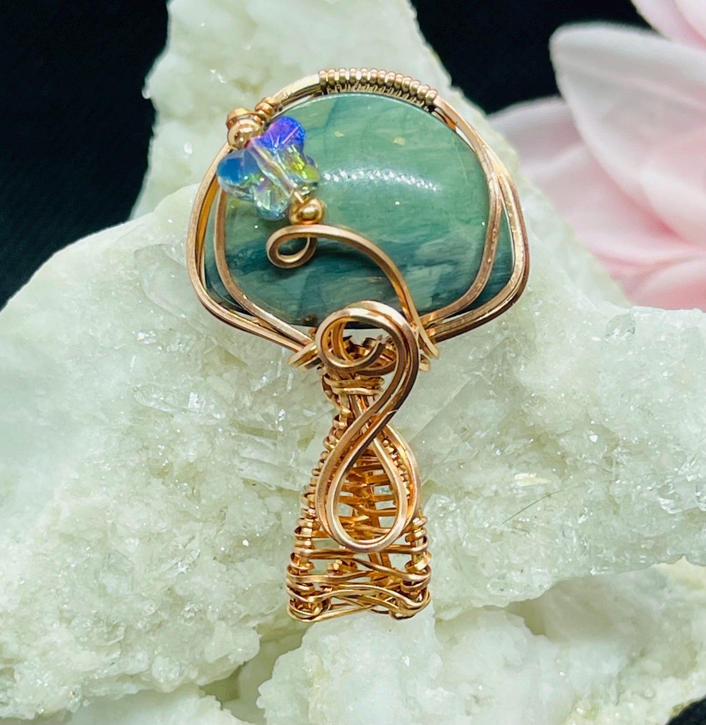 Gary Green Jasper & Crystal Butterfly Pendant Wire Wrapped in Copper Jewelry Necklace Gift