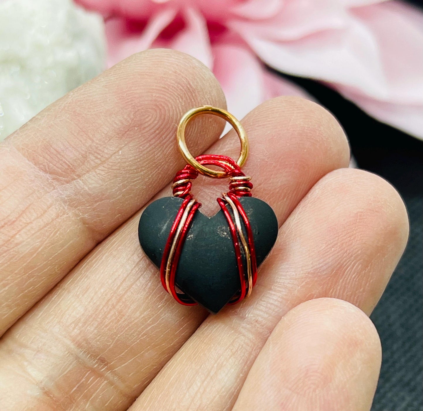 Mini Black Jade Actinolite Heart Pendant in Copper Wire Wrapped Jewelry Necklace Gift Crystal Pink Gem Rare