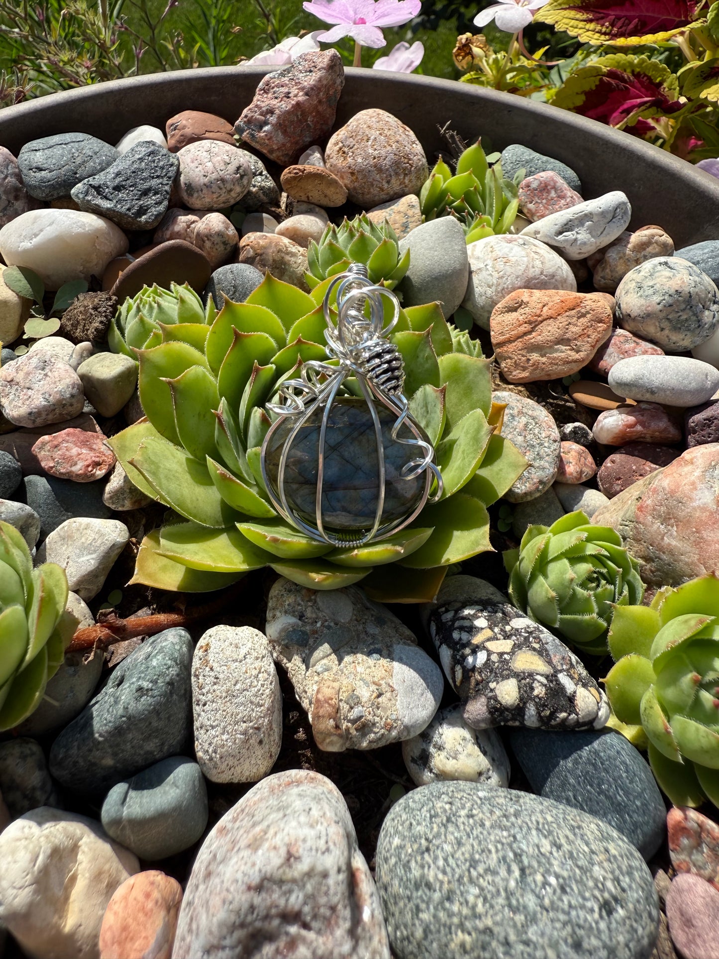 Labradorite Pumpkin with Pine Cone in Sterling Silver Necklace Pendant