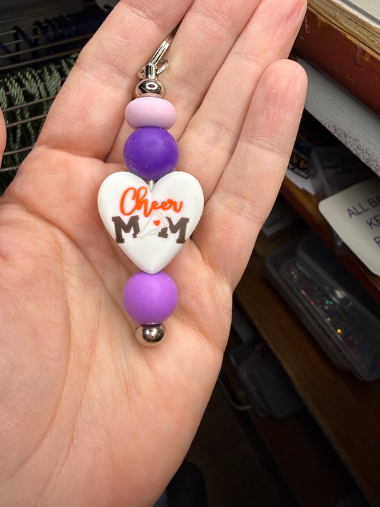 Cheer Mom Keychain Purple & White Silicone Beads
