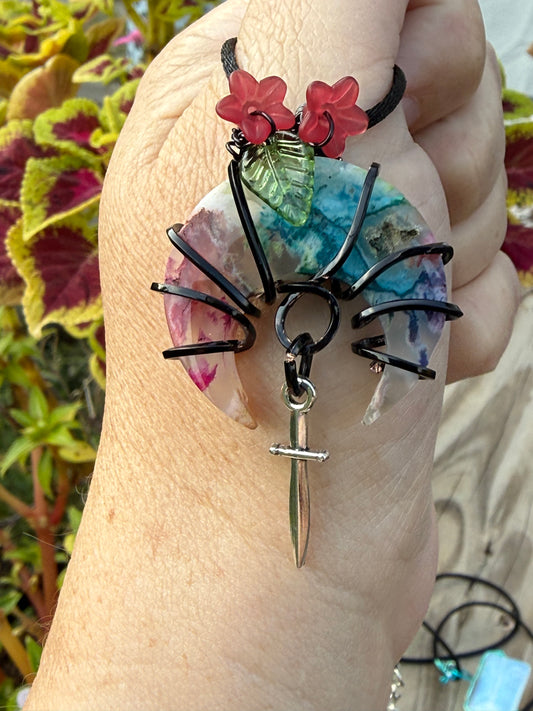 TS Inspired Wire Wrapped Dyed Agate Crescent Moon w Dagger Pendant Necklace Jewelry