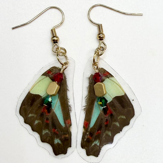 Common Bluebottle Rear Wing REAL Butterfly Wing Earrings w Red, Green & Gold Beads