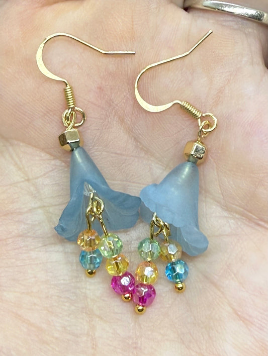 Blue Flower Dangle Earrings Jewelry Gold-tone with Jewel Color Faceted Beads Gift