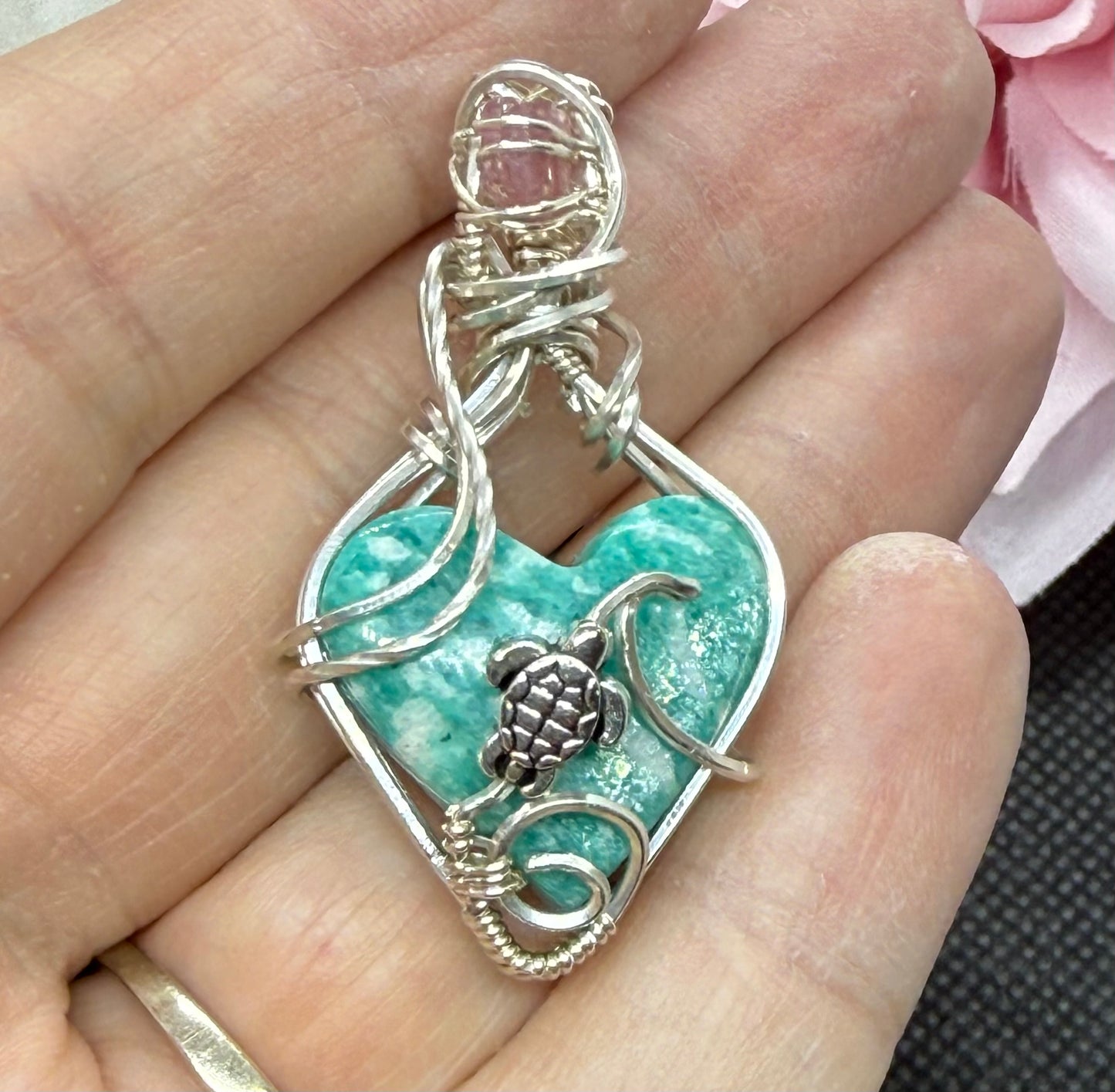 Amazonite Heart w Wave, Turtle, and Pink Tourmaline Accent in Sterling Silver Necklace Jewelry Pendant Gift Ocean Sea Blue