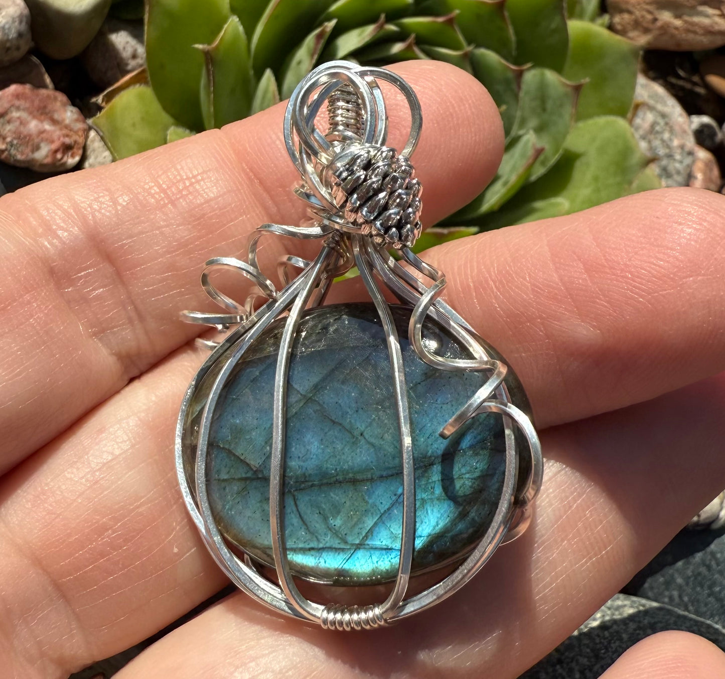 Labradorite Pumpkin with Pine Cone in Sterling Silver Necklace Pendant