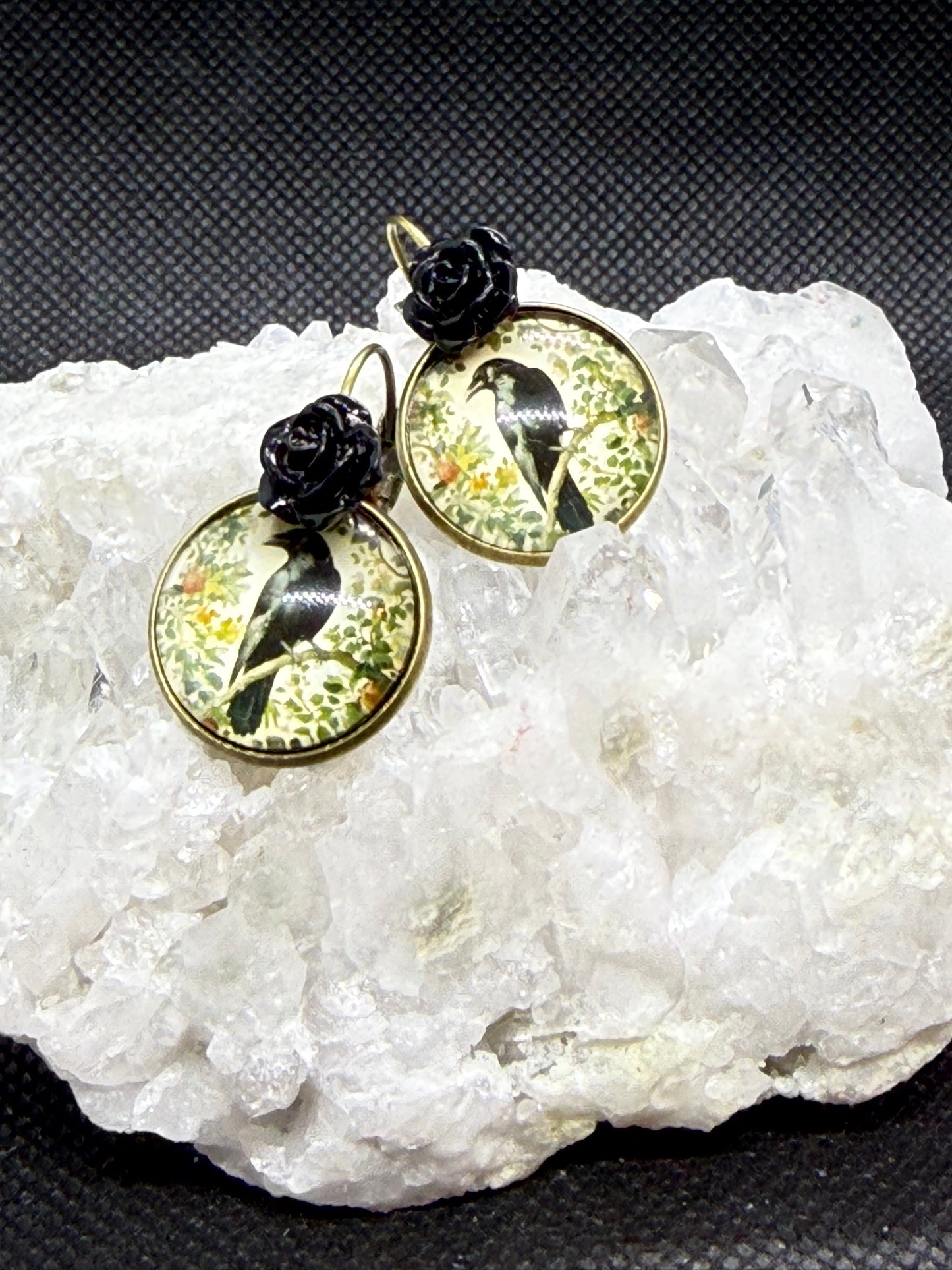 Raven Earrings w Black Rose