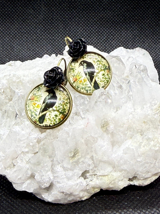 Raven Earrings w Black Rose