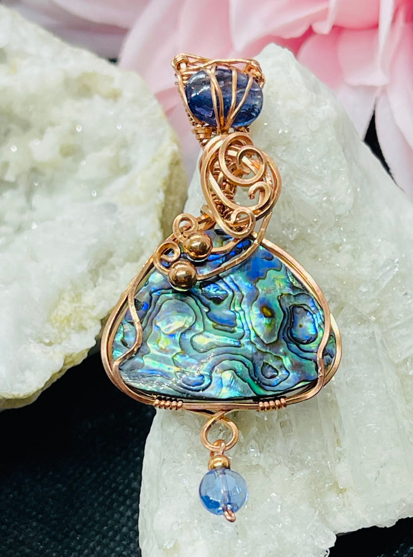 Abalone Shell Pendant Necklace Jewelry with Kyanite Accent in Copper & Crystal Dangle Gift
