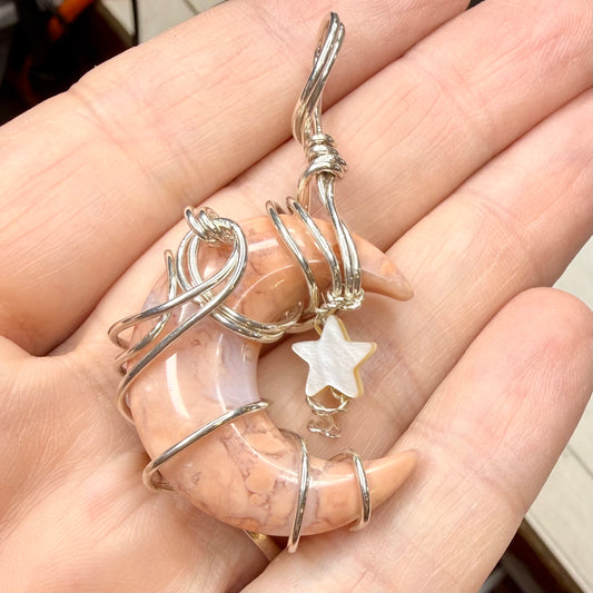 Cotton Candy Agate Crescent Moon Sterling Silver Pendant Jewelry Necklace