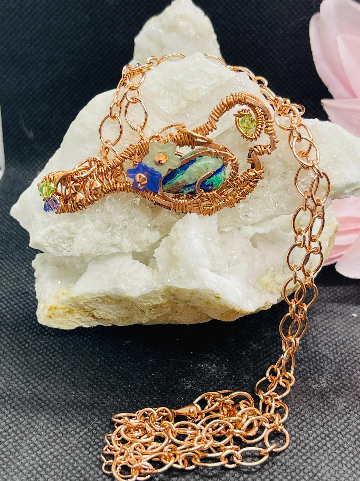 Chrysocolla & Azurite Bird Pendant with Swarovski Crystals Wire Wrapped in Copper Jewelry Necklace Gift