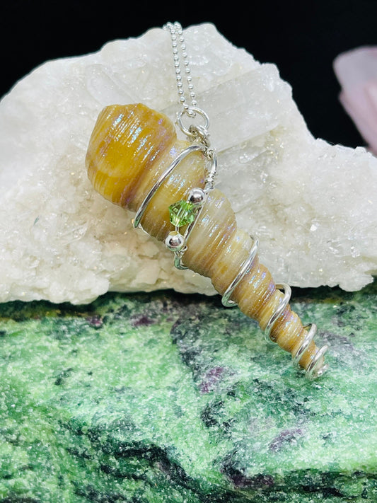 Spiral Shell Necklace w Dragonfly Glaze on 18 inch chain accented with Swarovski Crystal & Sterling Silver Beads
