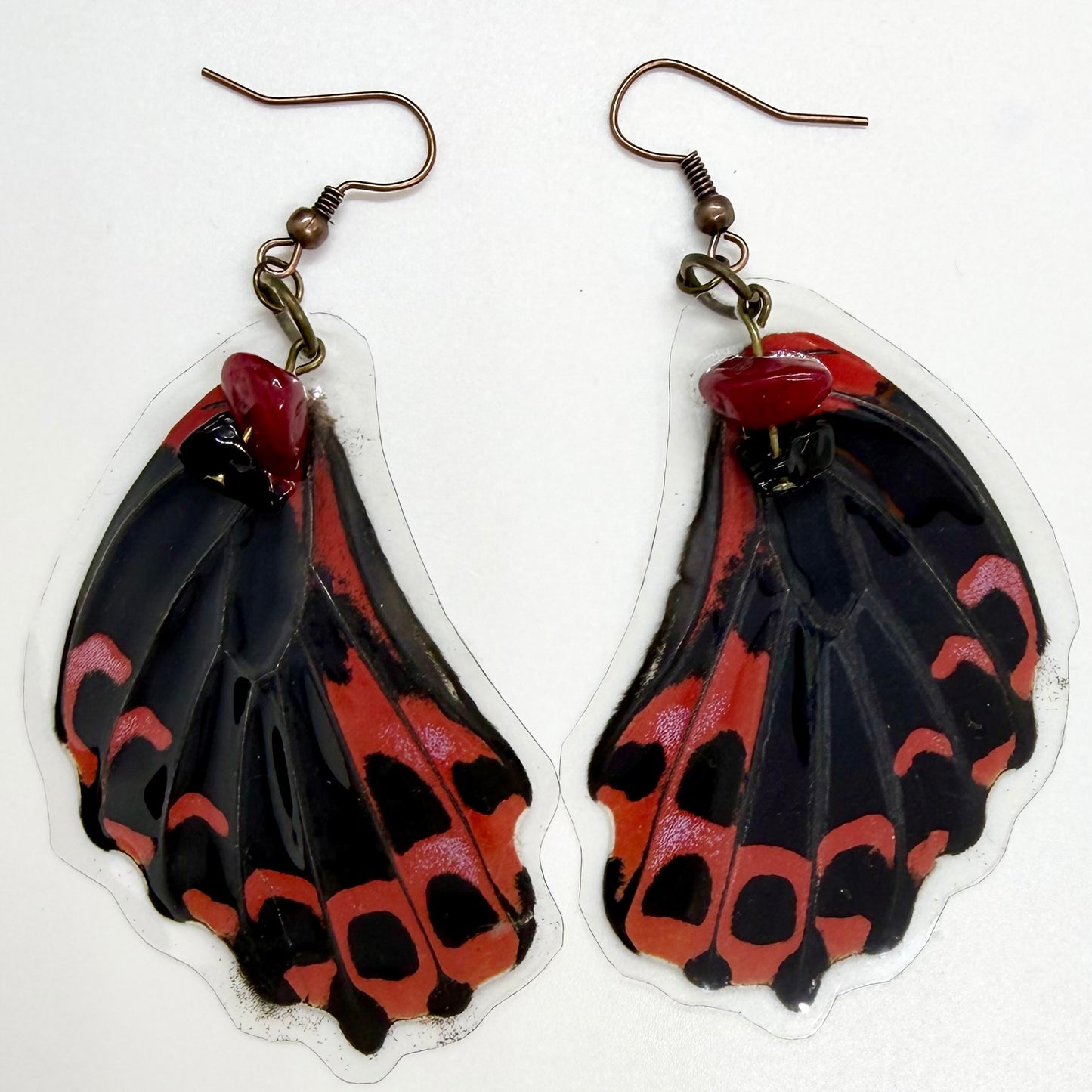 Scarlet Mormon Rear Wing REAL Butterfly Wing Earrings w Red & Black Chip Beads