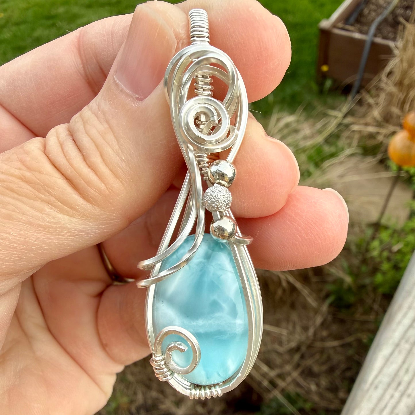 Larimar Pendant Wire Wrapped in Sterling Silver w Sterling Bead Accents Jewelry Necklace