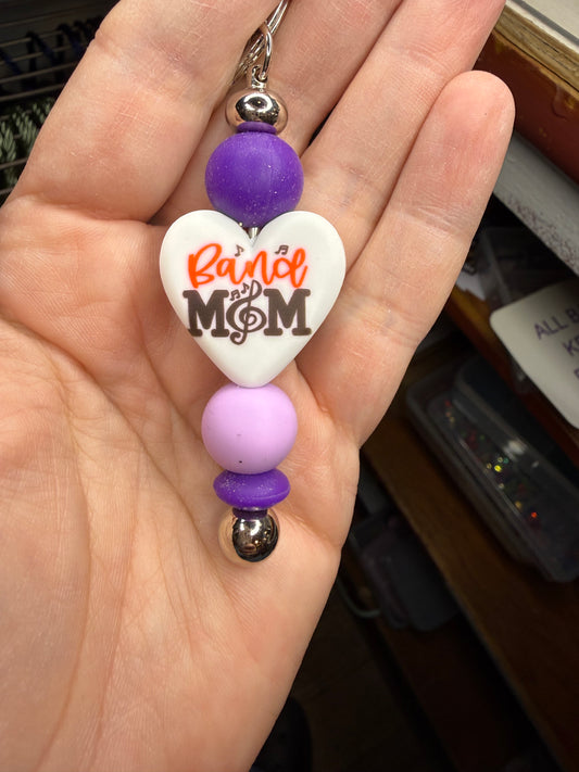 Band Mom Keychain Purple & White Silicone Beads