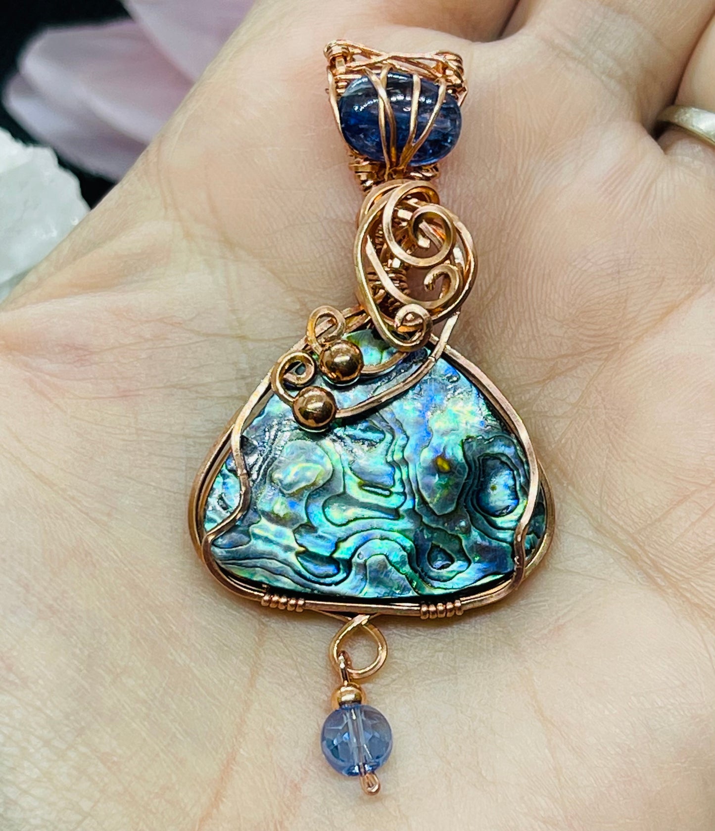 Abalone Shell Pendant Necklace Jewelry with Kyanite Accent in Copper & Crystal Dangle Gift