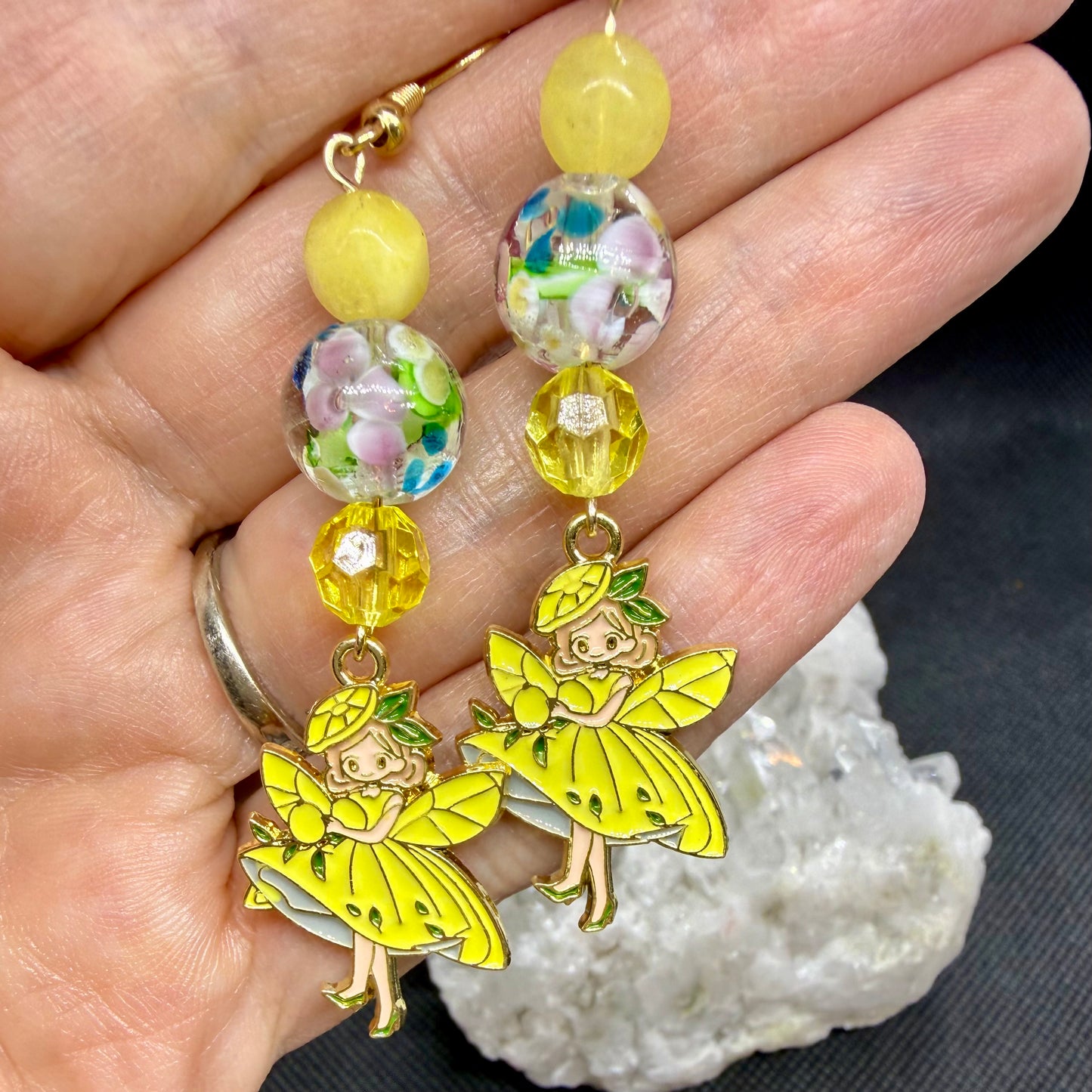 Yellow Fairy Earrings w Goldtone Ear Wires