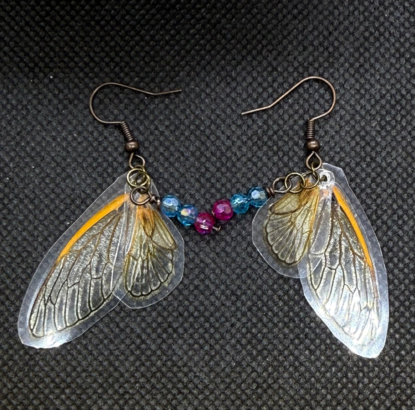 Fairy Wing Cicada Earrings w Pink & Blue Beads Jewelry Gift Limited
