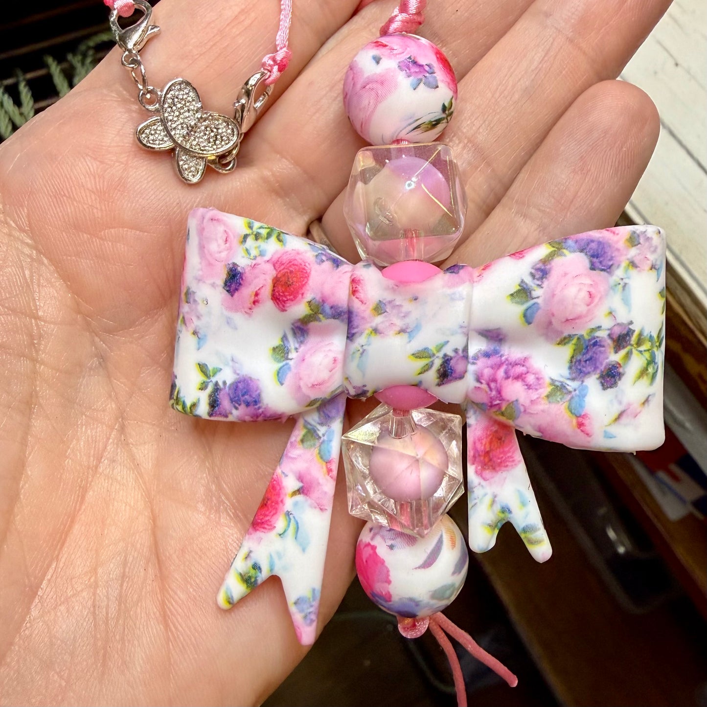 Pink Floral Bow Beaded Car Charm Companion w Magnet