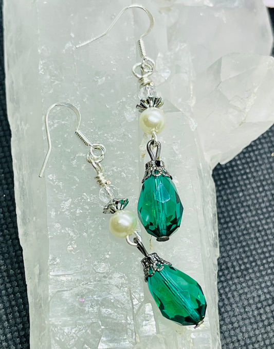 Elegant Green Glass Teardrop Earrings with Pearl Accents