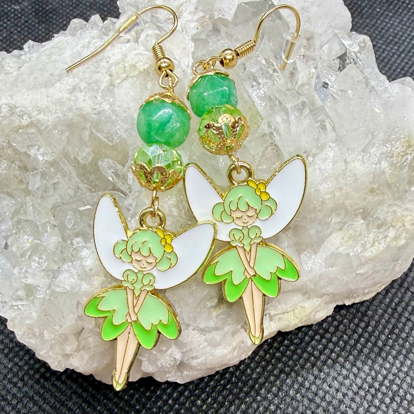 Green Fairy Earrings w Goldtone Ear Wires