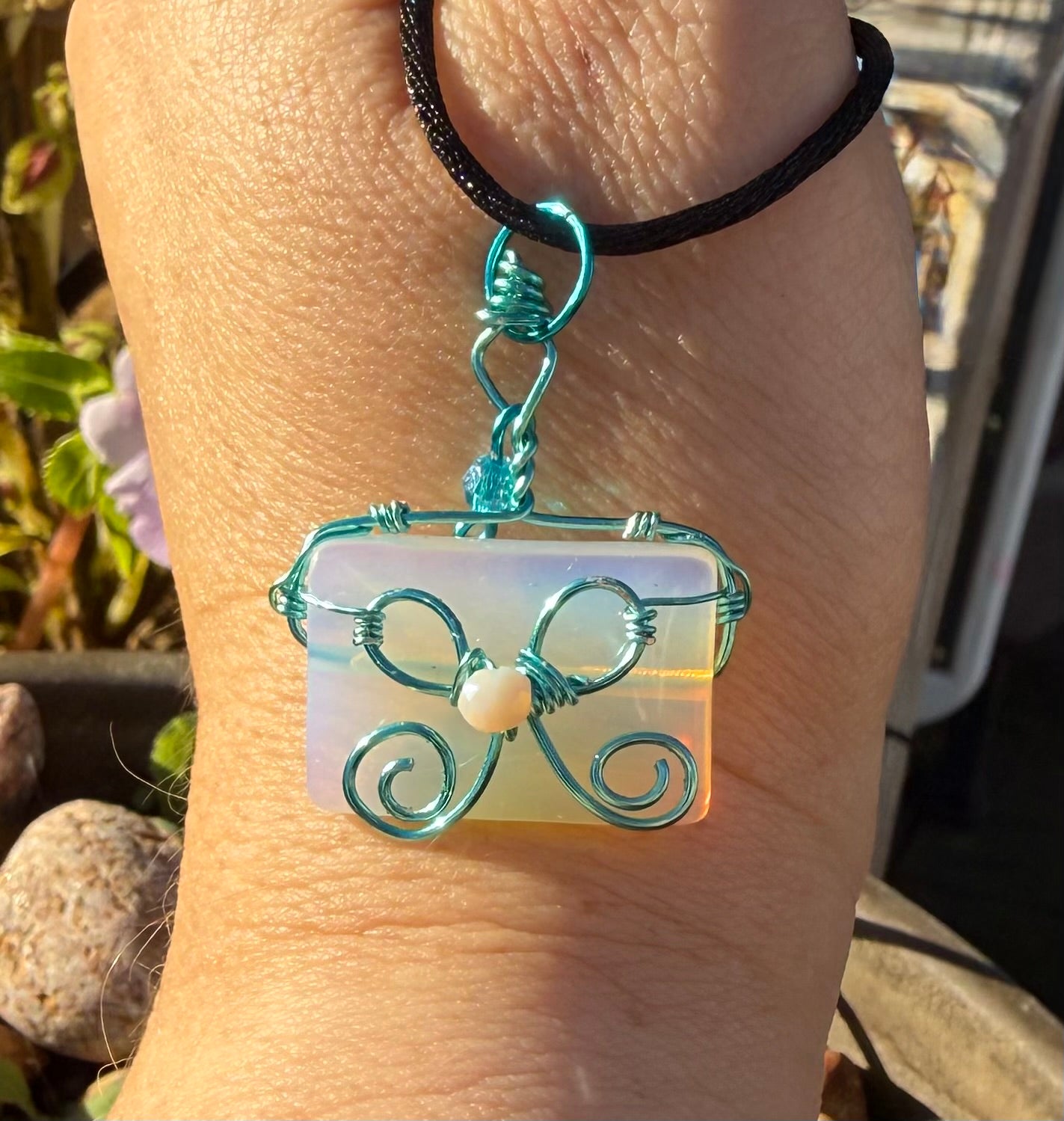 TS Inspired Pendant Opalite Wire Wrapped in Teal Coated Copper Wire with Glass Beads & Bow Necklace Jewelry