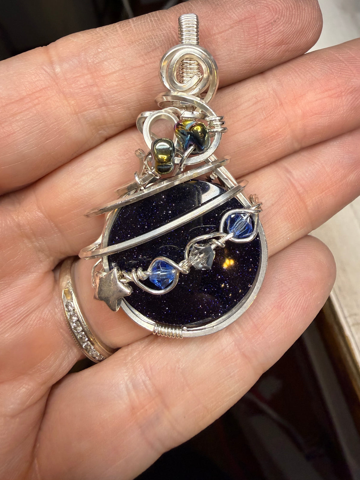 Blue Goldstone Planet in Sterling Silver w Star Pendant Jewelry Necklace