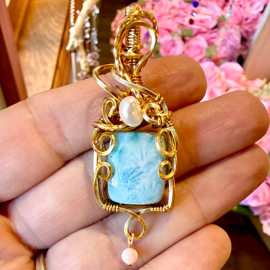 Larimar Pendant Wire Wrapped in Gold Tone w Mother of Pearl & Freshwater Pearl Beads Necklace Jewelry