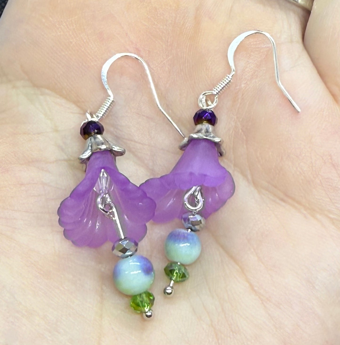 Purple Flower Dangle Earrings Jewelry Gift Floral Green