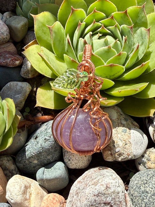 Amethyst Pumpkin with Leaf Wire Wrapped in Copper Pendant Necklace