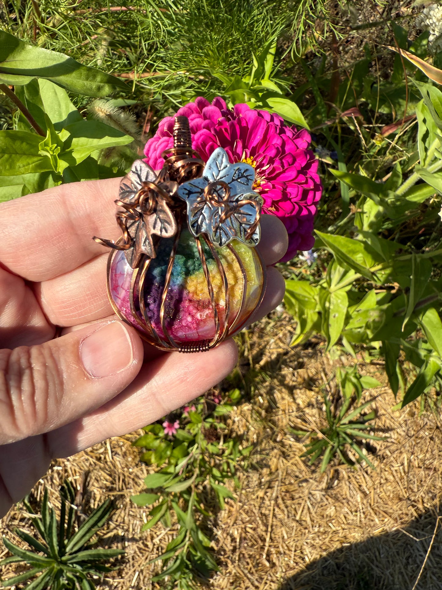 Rainbow Dyed Agate Pumpkin Wire Wrapped in Antique Copper Pendant Necklace Jewelry