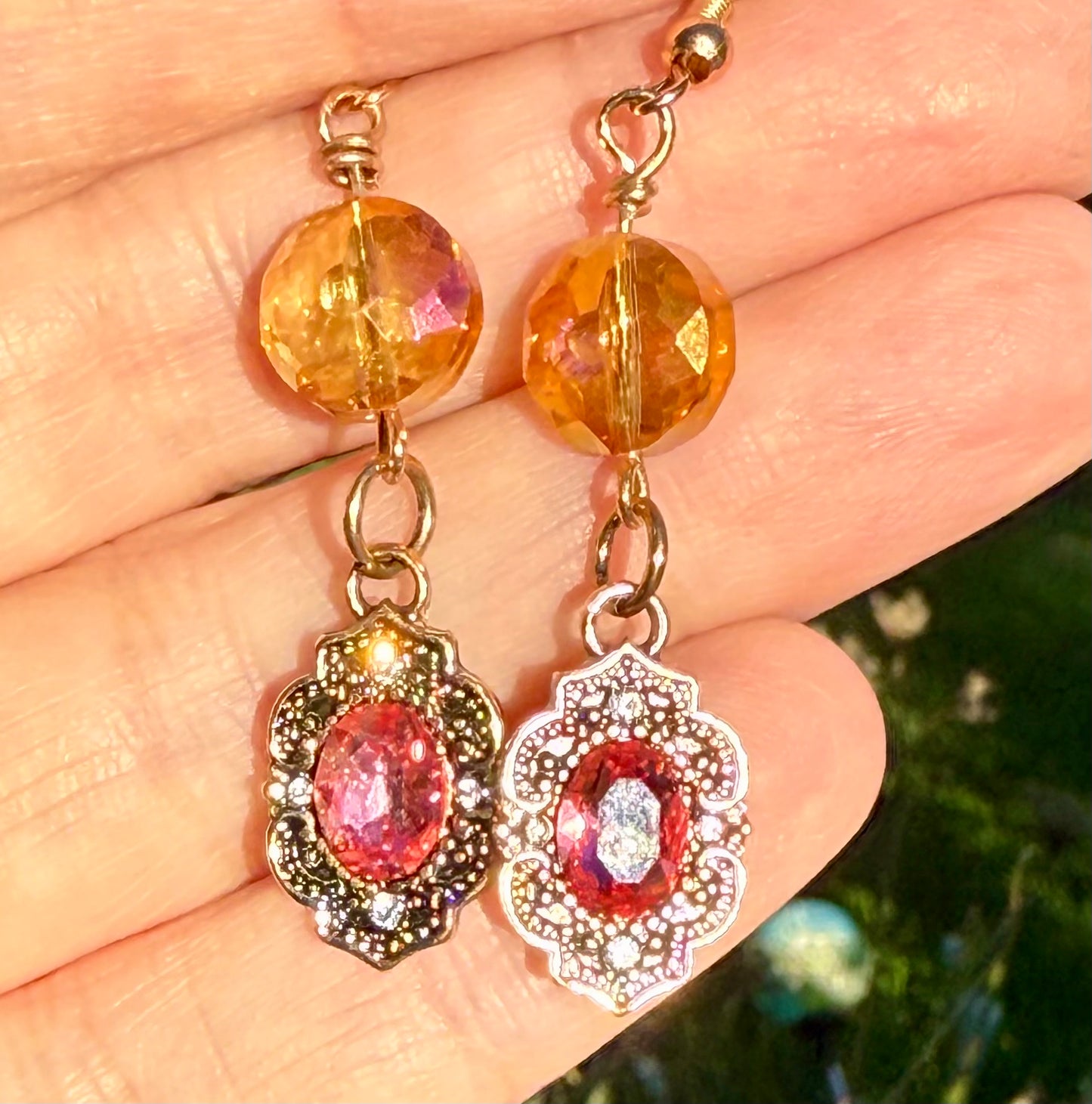 Elegant Antique Style Earrings with Pink Stones and Amber Accent Beads