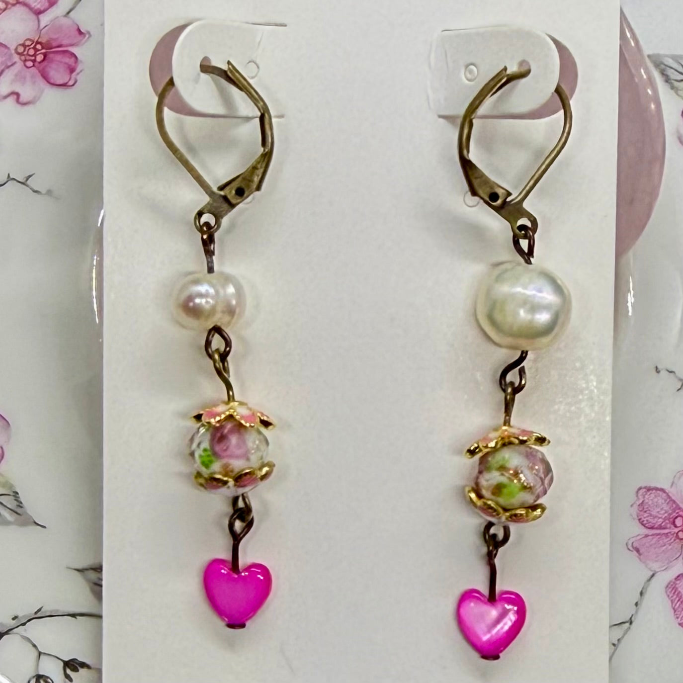 Pink Heart with Floral Earrings