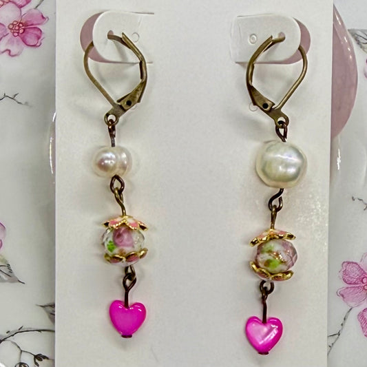 Pink Heart with Floral Earrings