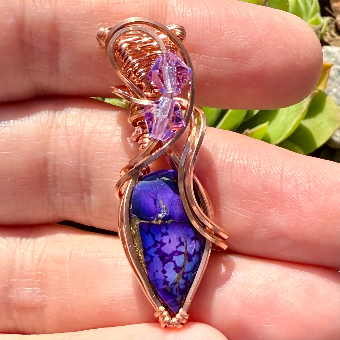 Purple Dahlia Pendant in Copper with Glass Accent Bead Jewelry Necklace Gift