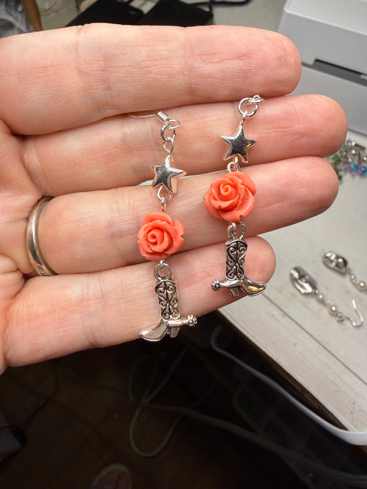 Star Rose Cowgirl Cowboy Boot Earrings