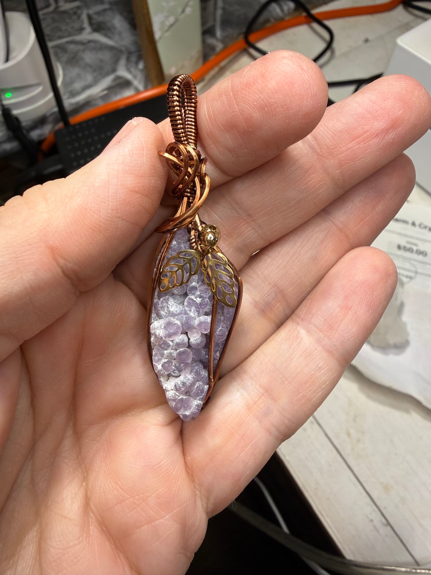 Grape Agate w Leaves Wire Wrapped in Copper Pendant Jewelry Necklac