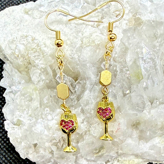 Pink Heart Wine Glass Earrings Style 2