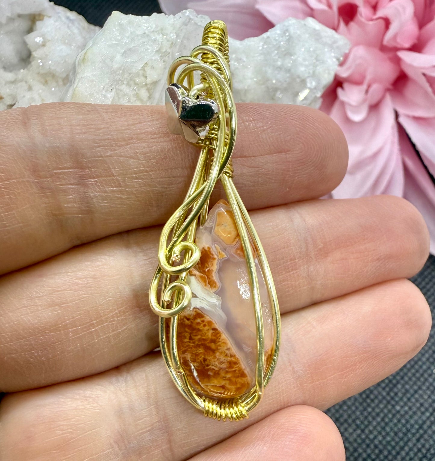 Cotton Candy Agate Wire Wrapped in Gold Tone Cooper Coated Wire with Butterfly Pendant Necklace Jewelry Gift