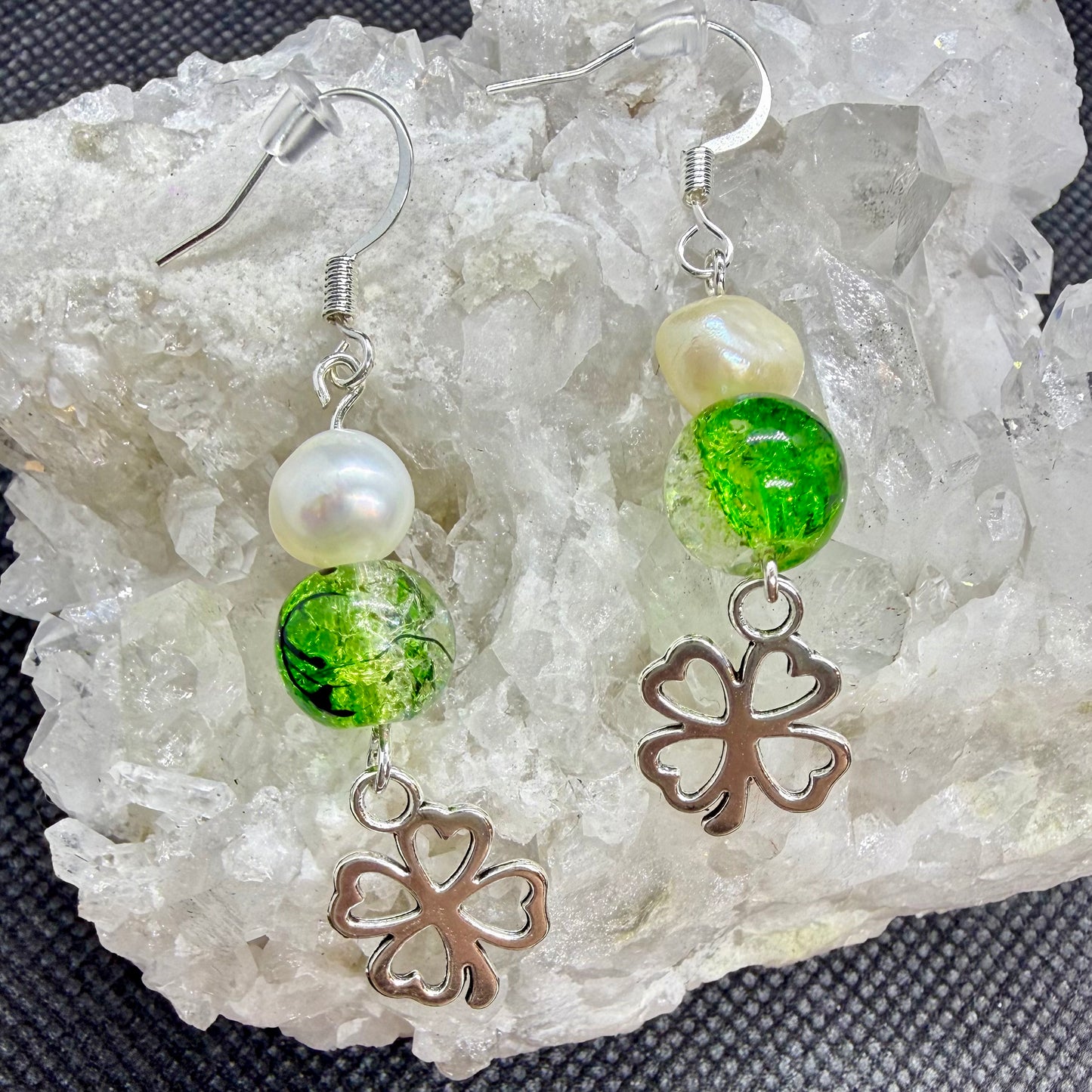 Shamrock Clover Earrings w Silvertone Ear Wires