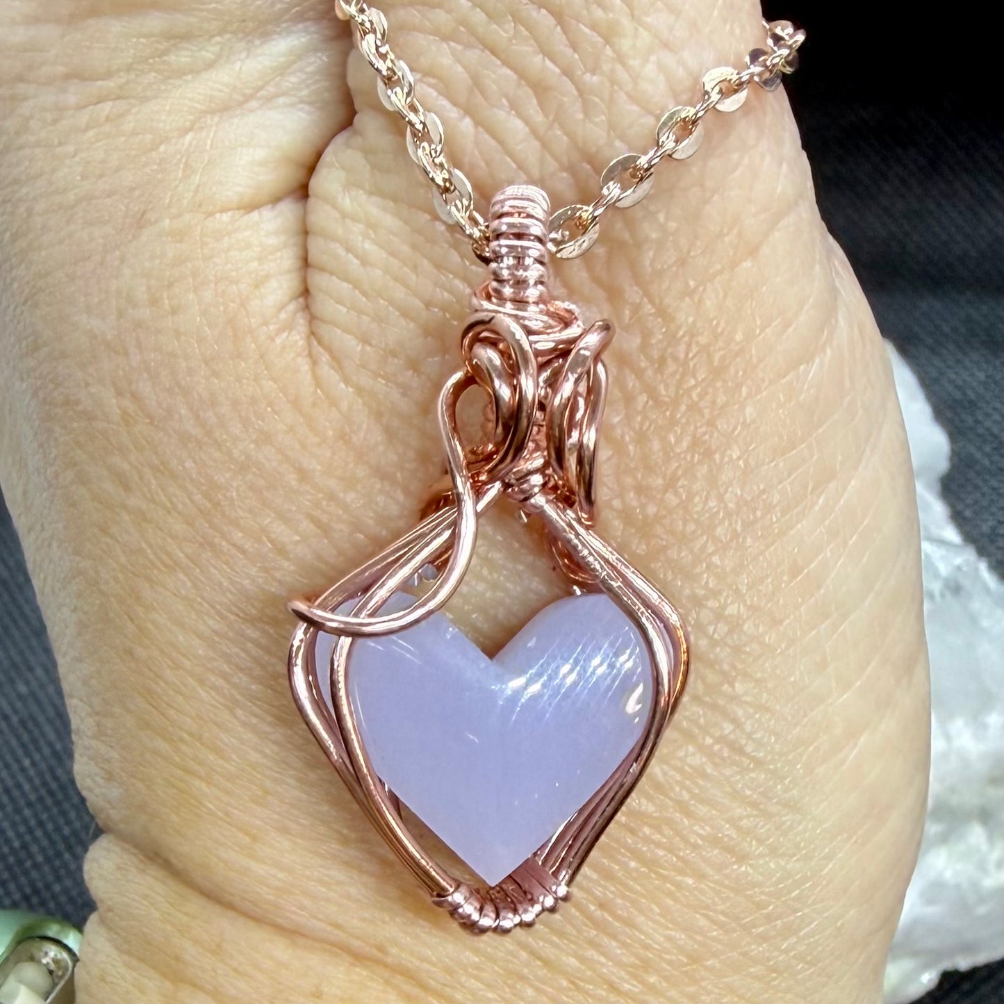 Yytrium Fluorite Lavender Heart in Rose Gold Plate with 18 inch Rose Gold Plate Chain Pendant Jewelry Necklace