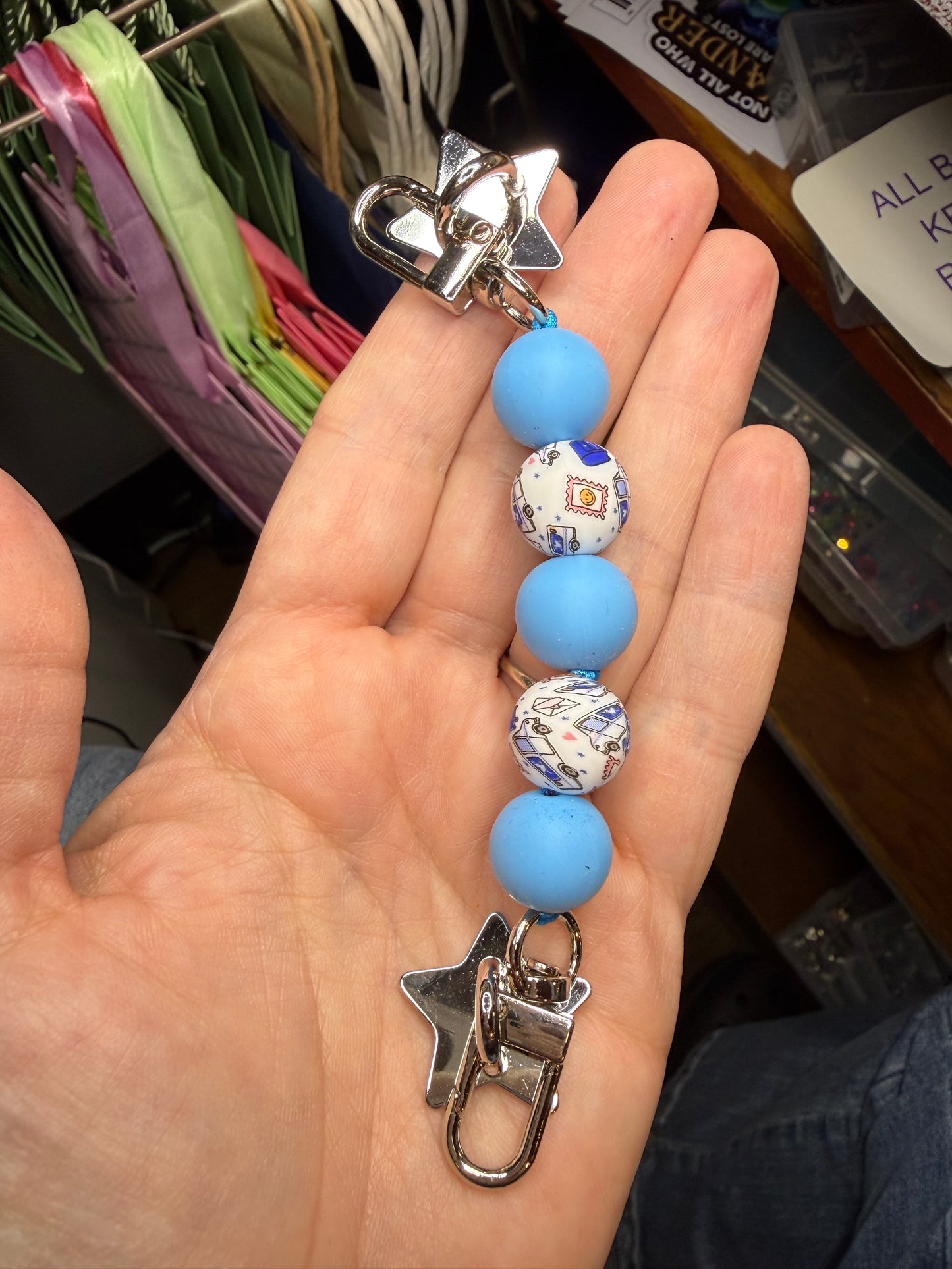 Cell Phone Grip Charm Blue w Mail Trucks Silicone Beads Star Adhesive