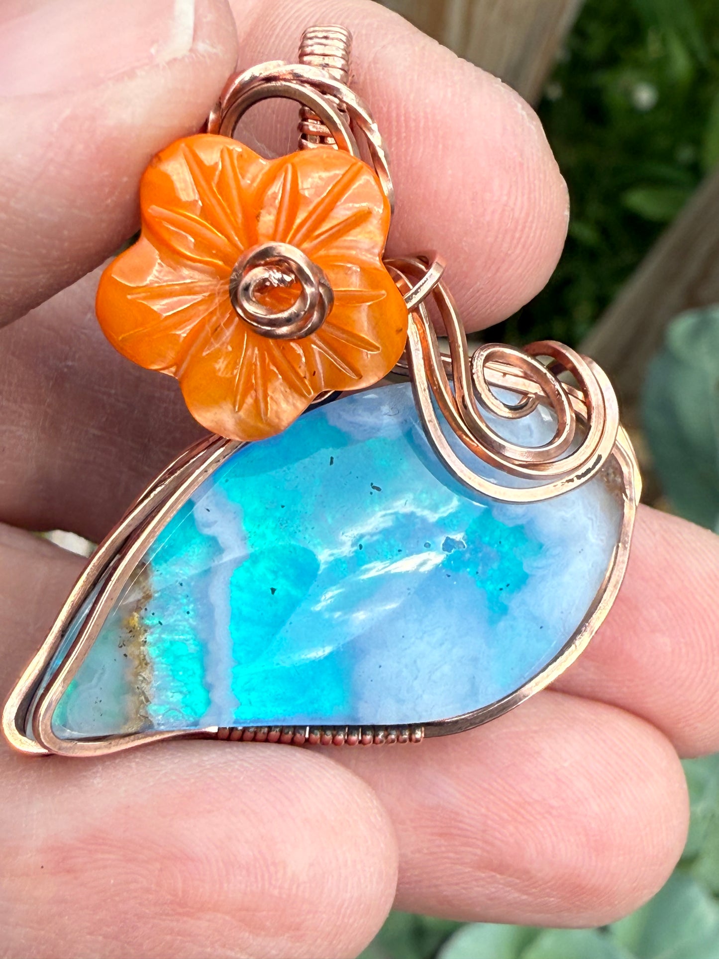 Sky Agate Doublet w Orange Hibiscus in Sterling Silver Pendant Jewelry Necklace