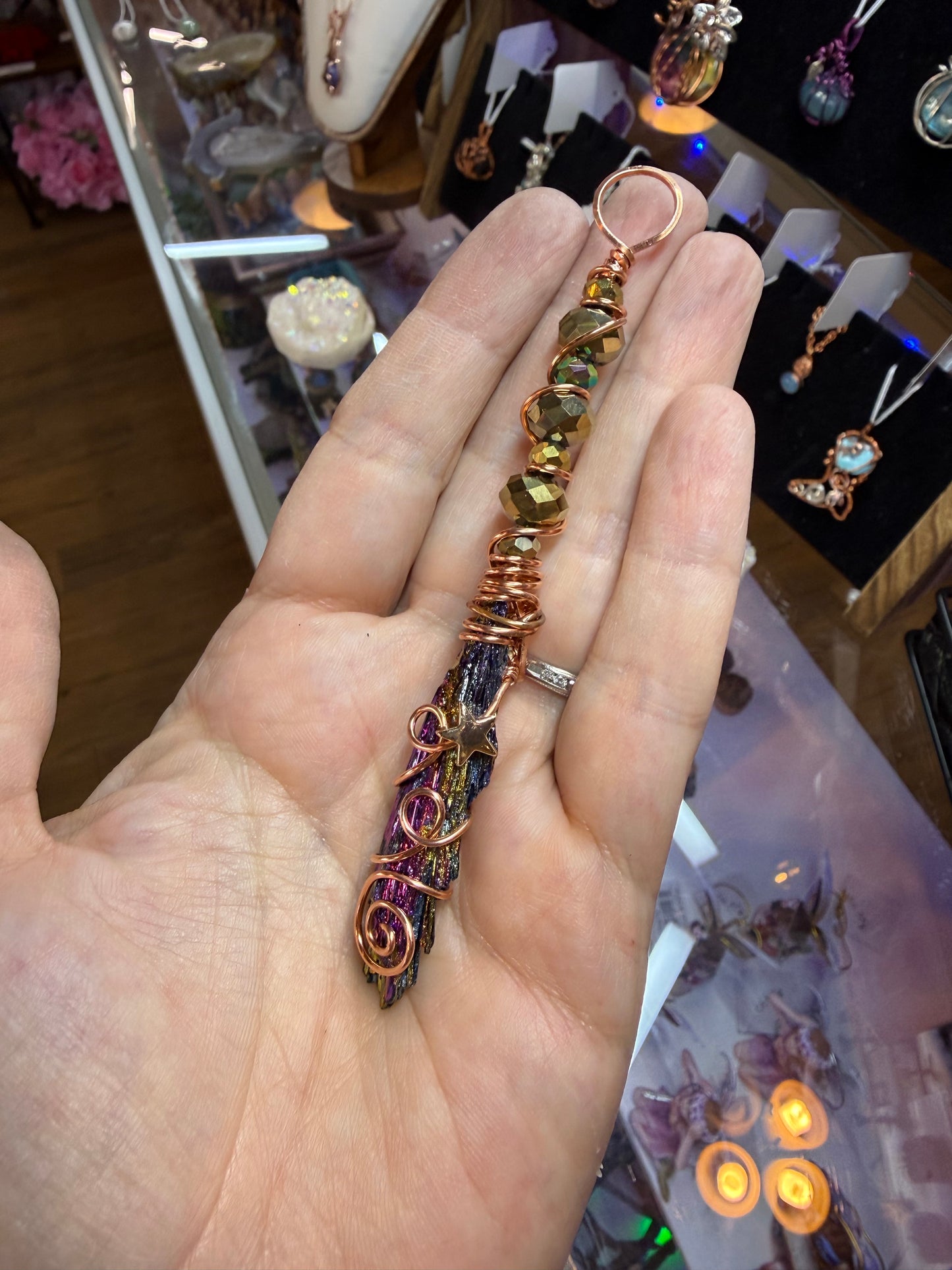 Aura Kyanite Broom w Star Wire Wrapped in Copper Jewelry Pendant Necklace