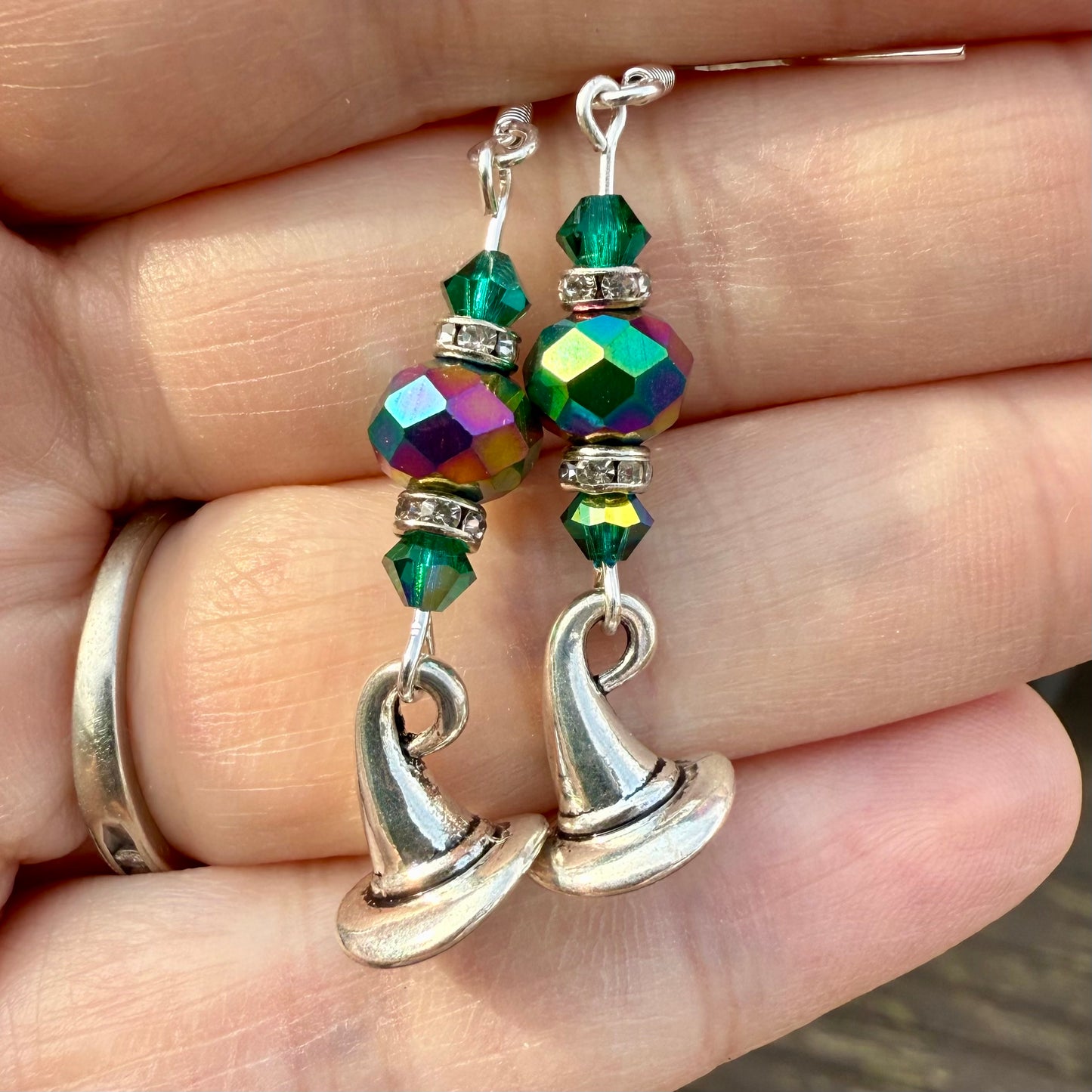 Witch Hat Earrings with Black Iridescent Beads Silver Hooks