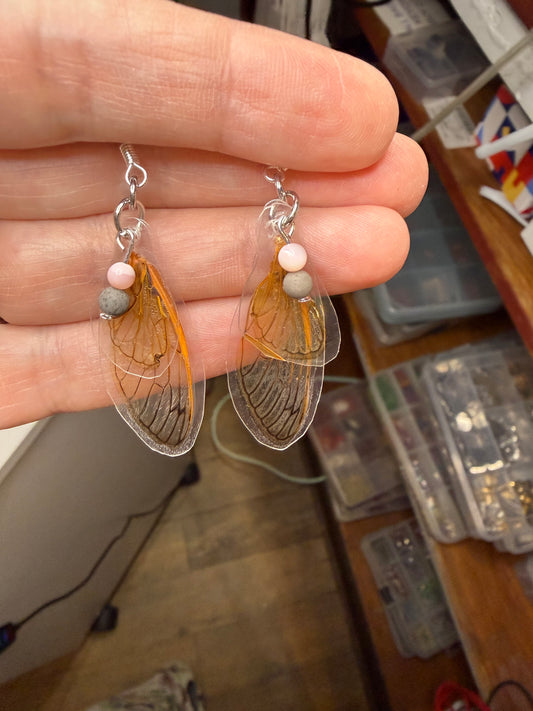 Cicada Wing Earrings w Pink & Grey