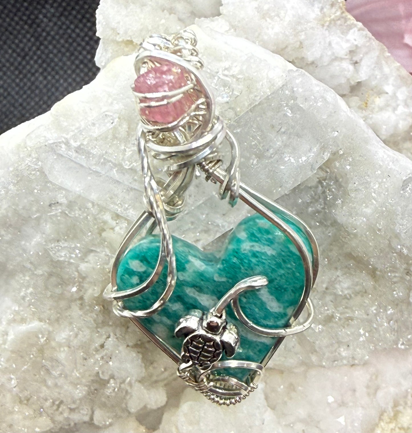 Amazonite Heart w Wave, Turtle, and Pink Tourmaline Accent in Sterling Silver Necklace Jewelry Pendant Gift Ocean Sea Blue
